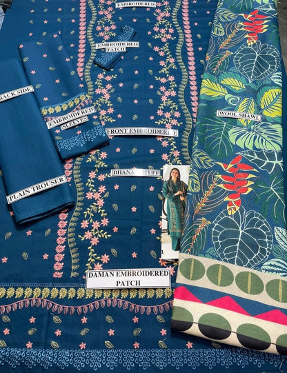 Embraided Dhanak 3 Piece Suit With Wool Shawl