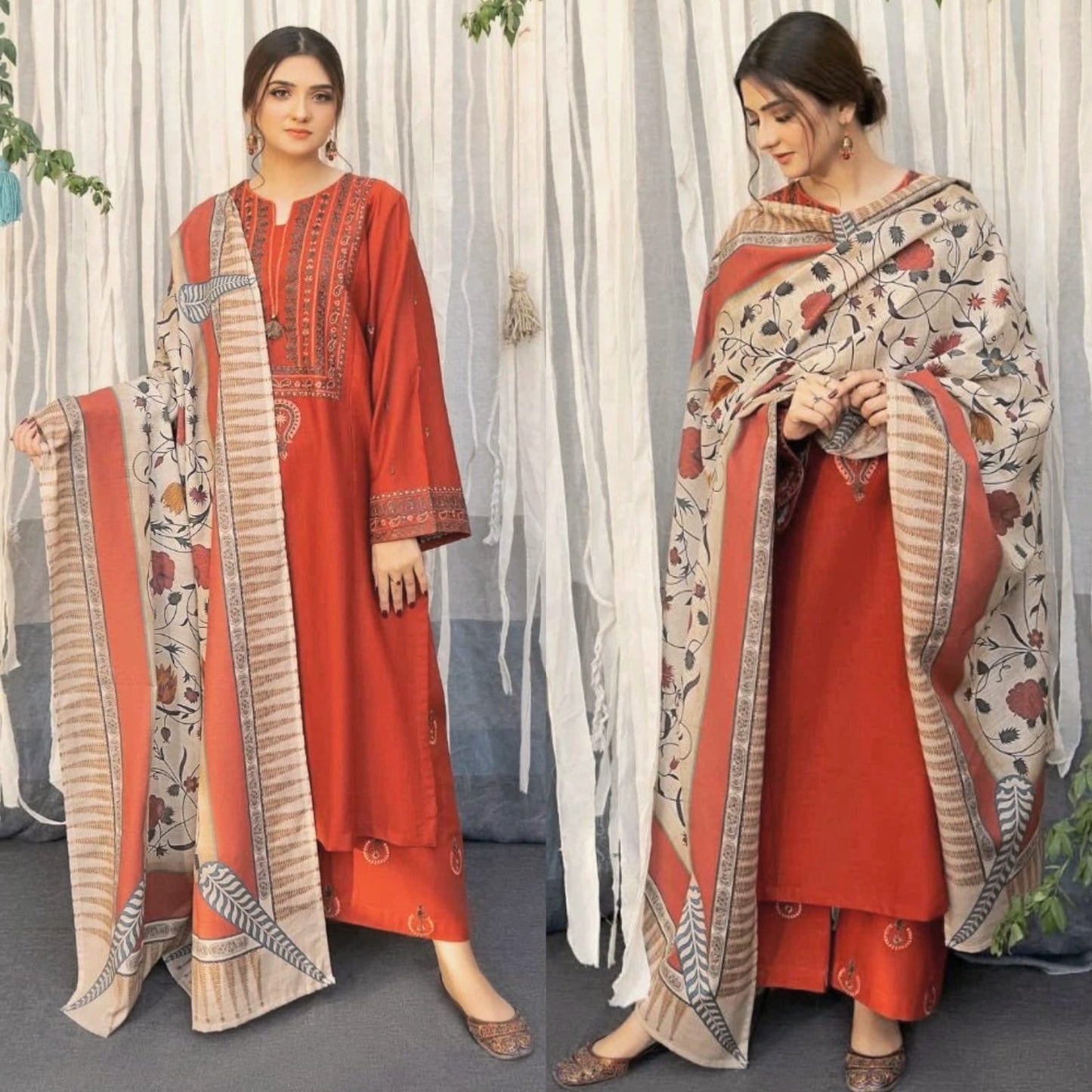 Embraided Dhanak 3 Piece Suit With Wool Shawl