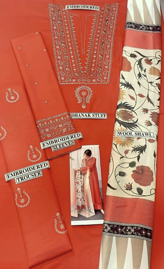 Embraided Dhanak 3 Piece Suit With Wool Shawl