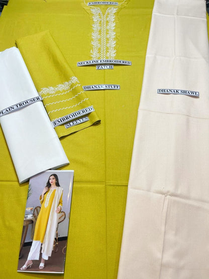 Embraided Dhanak 3 Piece Suit With Shawl And Neckline Patch