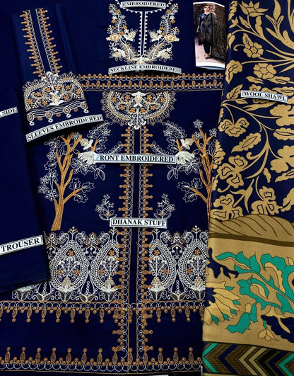 Embraided Dhanak 3 Piece Suit With Patch And Shawl