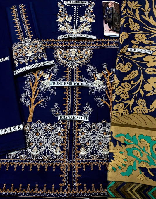 Embraided Dhanak 3 Piece Suit With Patch And Shawl