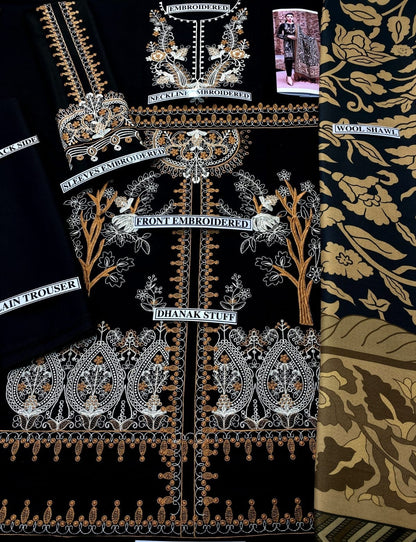 Embraided Dhanak 3 Piece Suit With Patch And Shawl
