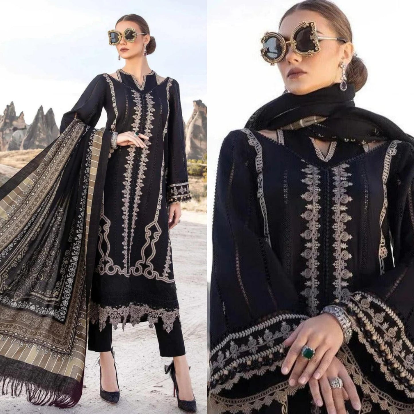 Embraided Dhanak 3 Piece Suit With Wool Shawl