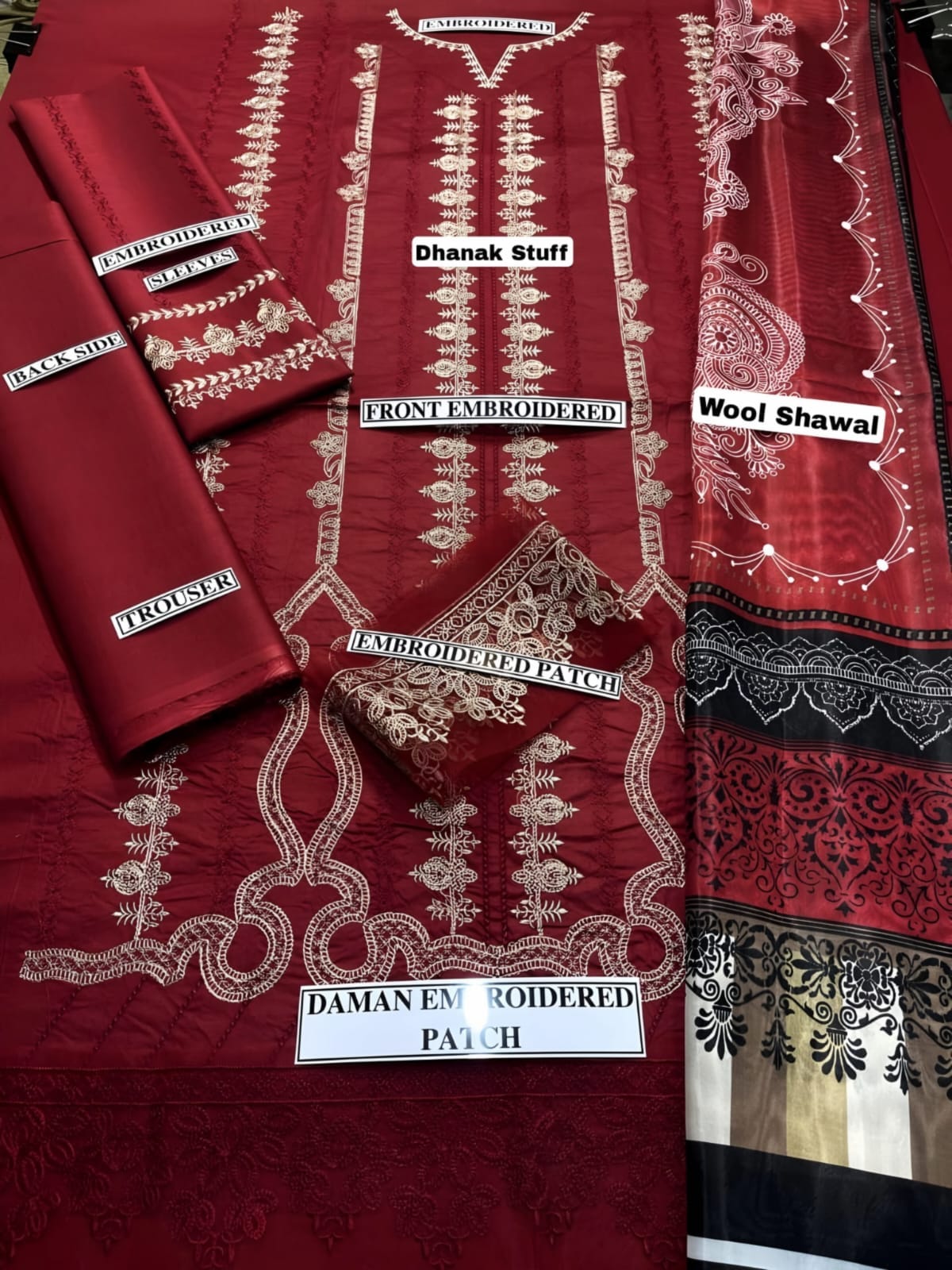 Embraided Dhanak 3 Piece Suit With Wool Shawl