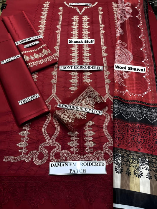 Embraided Dhanak 3 Piece Suit With Wool Shawl