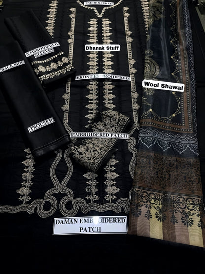 Embraided Dhanak 3 Piece Suit With Wool Shawl