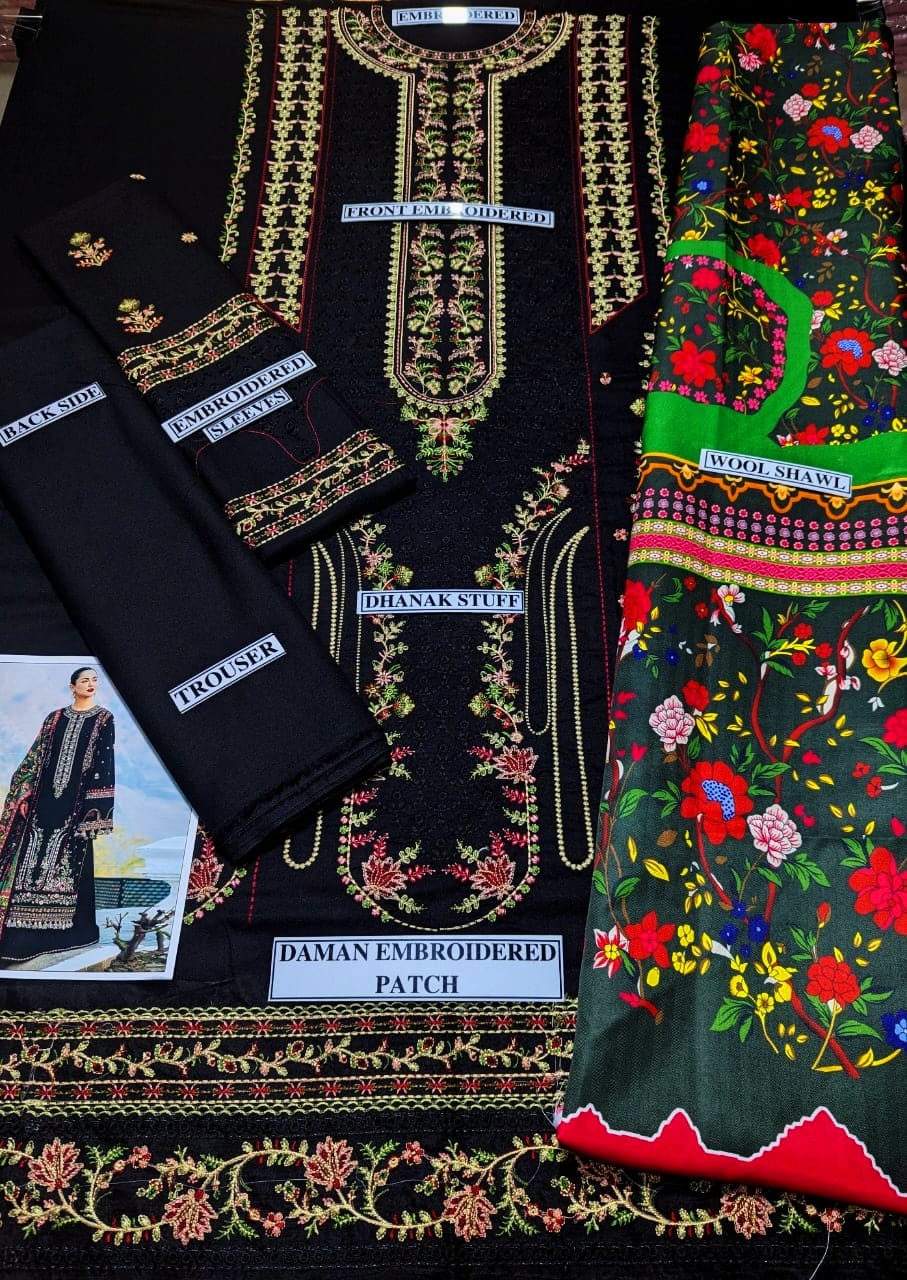 Embraided Dhanak 3 Piece Suit With Wool Shawl And Patch