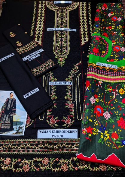 Embraided Dhanak 3 Piece Suit With Wool Shawl And Patch