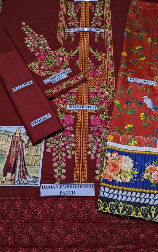 Embraided Dhanak 3 Piece Suit With Wool Shawl And Patch
