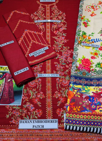 Embraided Dhanak 3 Piece Suit With Wool Shawl And Patch