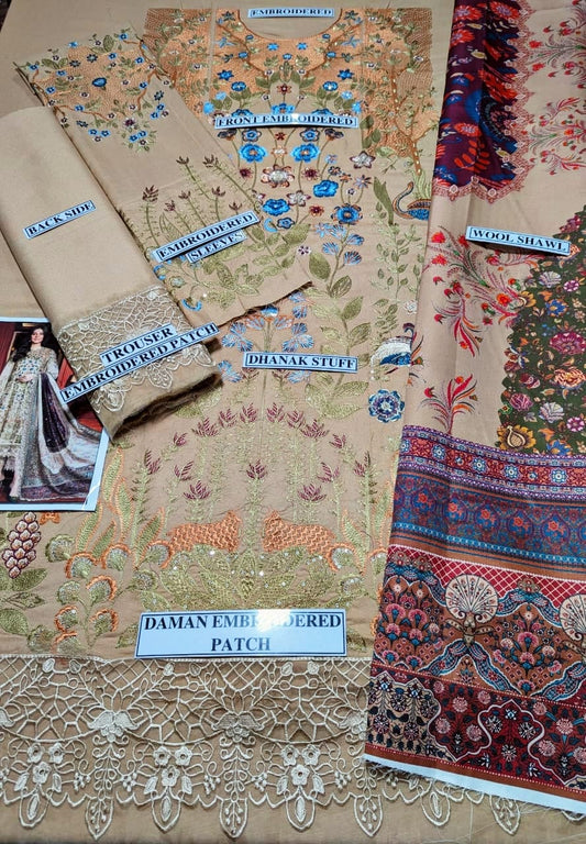 Embraided Dhanak 3 Piece Suit With Wool Shawl And Patch