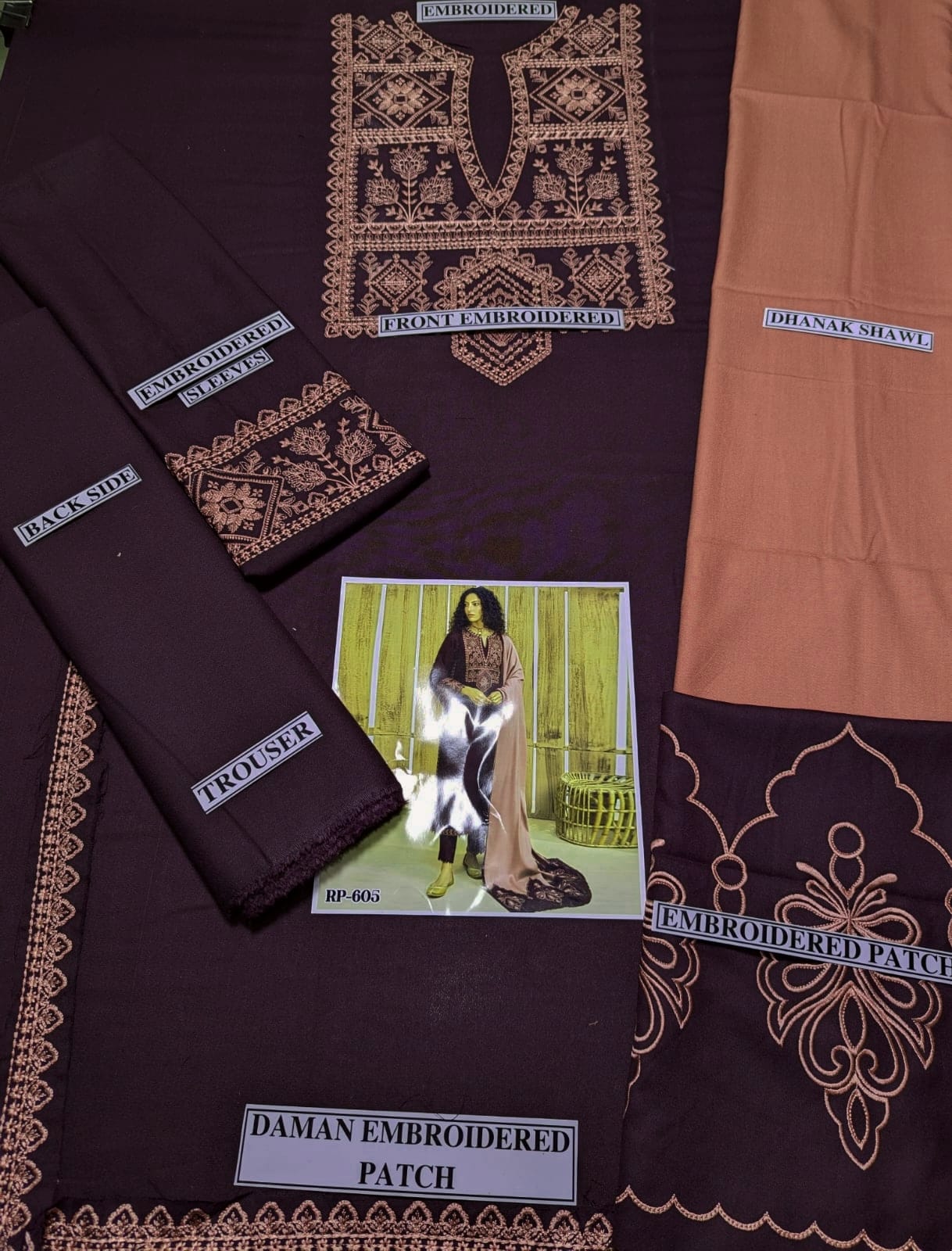 Embraided Dhanak 3 Piece Suit With Patches