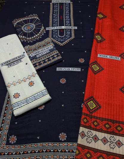 Embraided Dhanak 3 Piece Suit With Wool Shawl