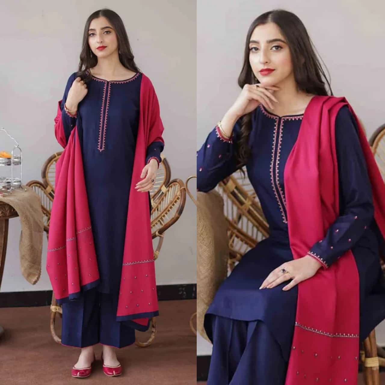 Dyed Dhanak 3 Piece Suit with Neck Patch