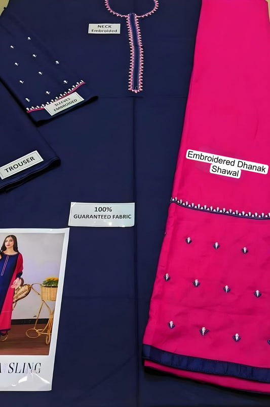 Dyed Dhanak 3 Piece Suit with Neck Patch