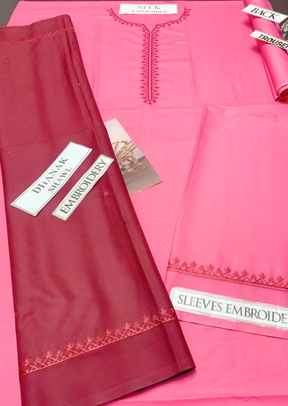 Dyed Dhanak 3 Piece Suit with Neck Patch