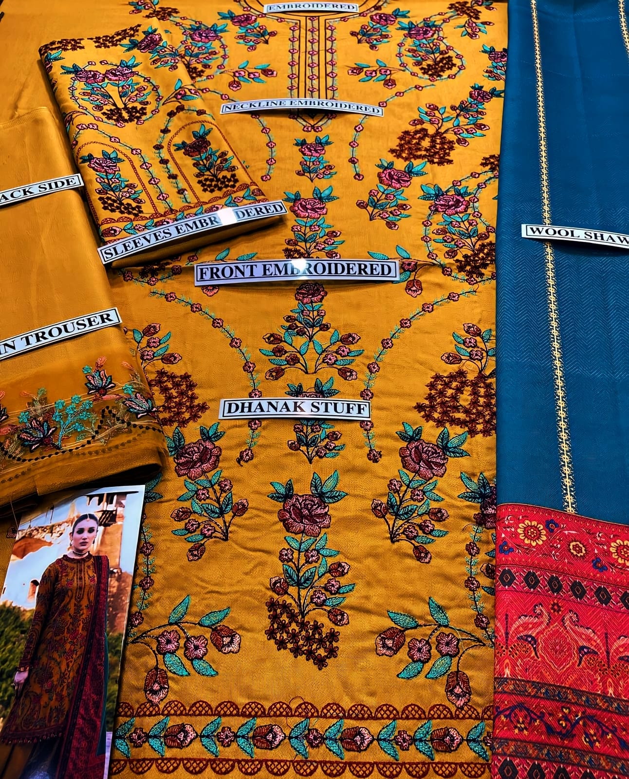 Embraided Dhanak 3 Piece Suit With Wool Shawl