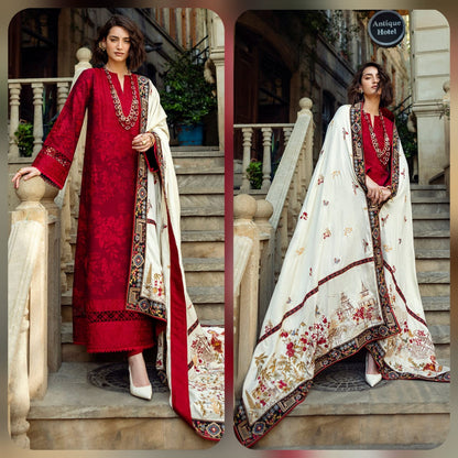 Embraided Dhanak 3 Piece Suit With Shawl And Dupata