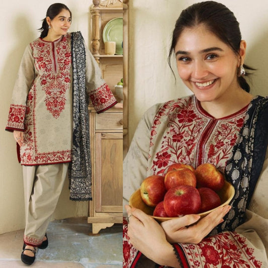 Embraided Dhanak 3 Piece Suit With Wool Shawl