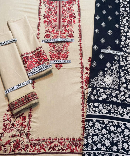 Embraided Dhanak 3 Piece Suit With Wool Shawl