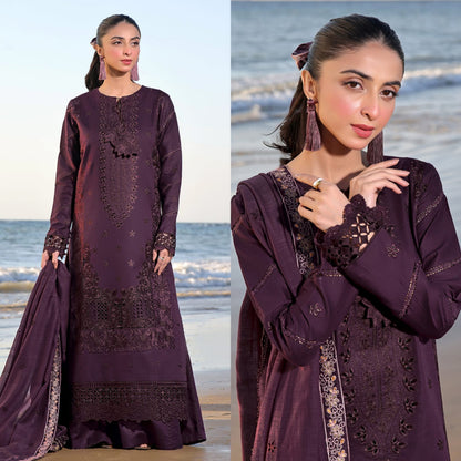 Embraided Dhanak 3 Piece Suit With Dhanak Shawl And Patch