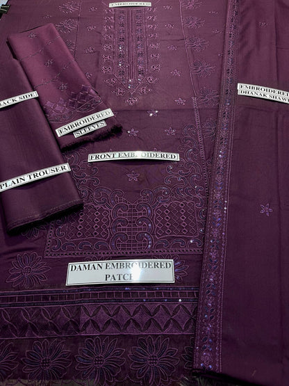 Embraided Dhanak 3 Piece Suit With Dhanak Shawl And Patch