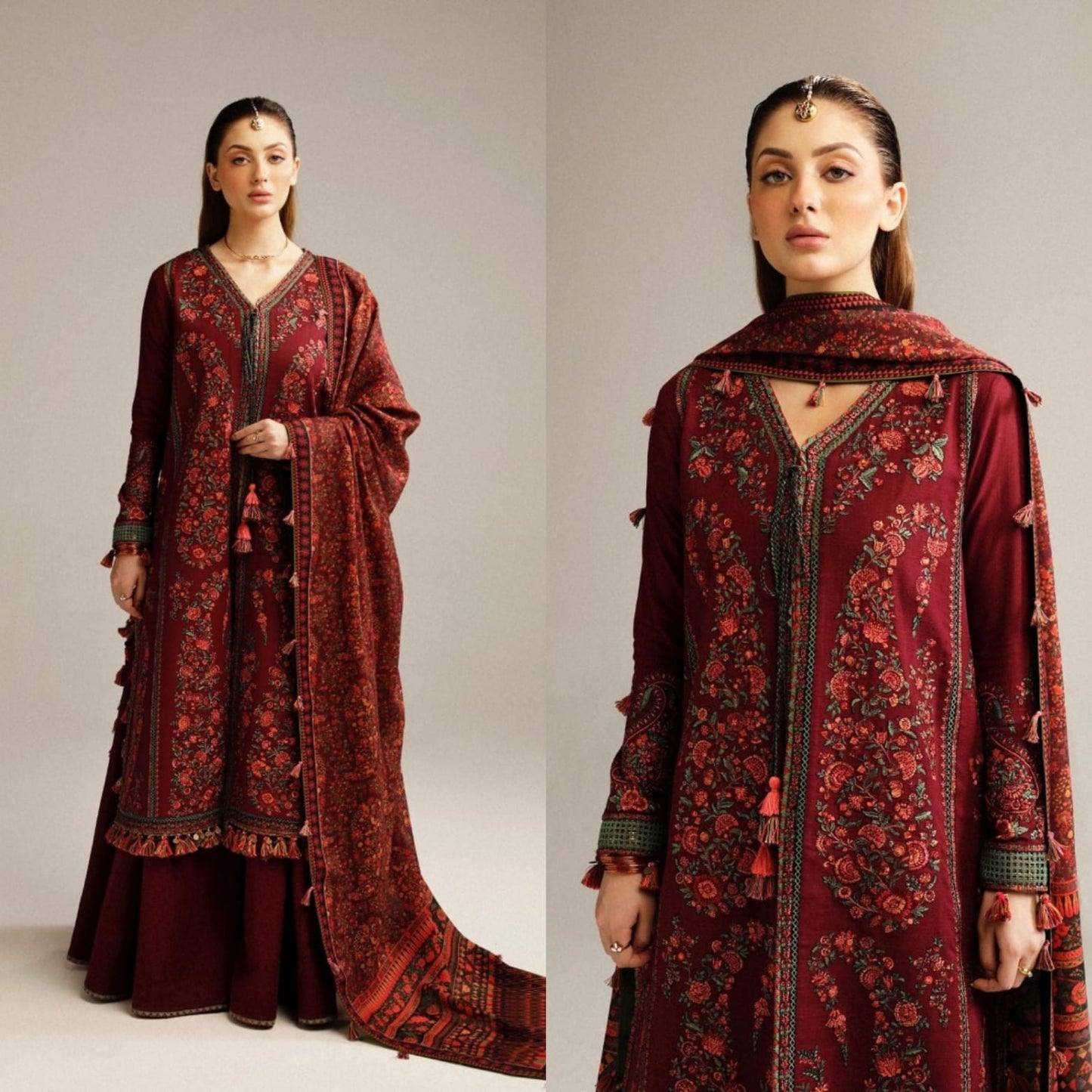 Embraided Dhanak 3 Piece Suit With Wool Shawl