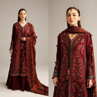 Embraided Dhanak 3 Piece Suit With Wool Shawl