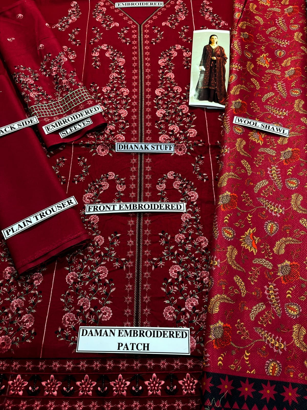 Embraided Dhanak 3 Piece Suit With Wool Shawl