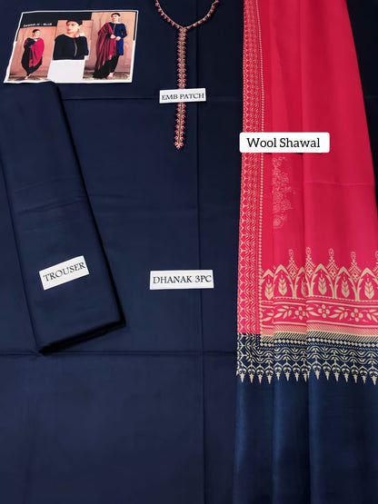 Dyed Dhanak 3 Piece Suit With Wool Shawl And Patch