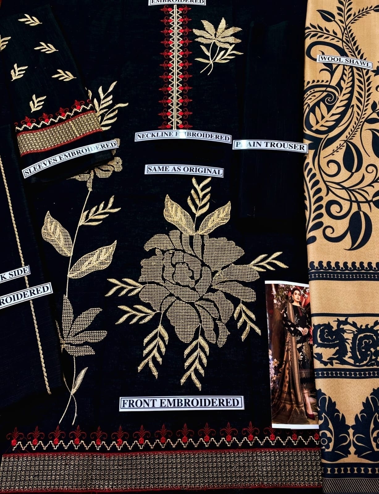 Embraided Dhanak 3 Piece Suit With Dhanak Shawl And Patch