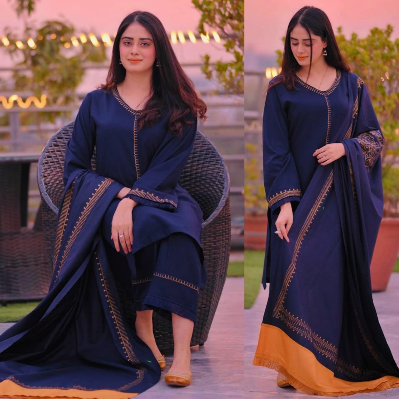 Dyed Dhanak 3 Piece Suit With Wool Shawl And Patch