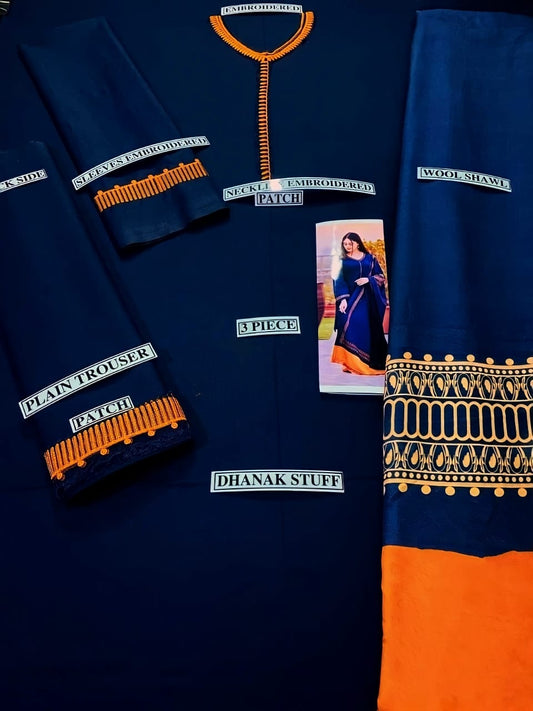 Dyed Dhanak 3 Piece Suit With Wool Shawl And Patch