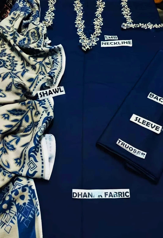 Dyed Dhanak 3 Piece Suit With Wool Shawl And Patch