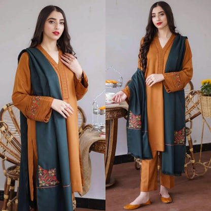 Dyed Dhanak 3 Piece Suit With Dhanak Embroidered Shawl And Patch