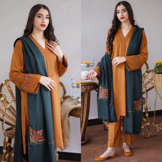 Dyed Dhanak 3 Piece Suit With Dhanak Embroidered Shawl And Patch