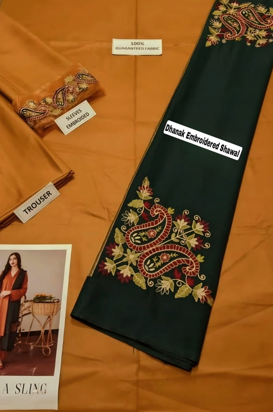 Dyed Dhanak 3 Piece Suit With Dhanak Embroidered Shawl And Patch