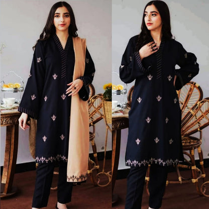 Embraided Dhanak 3 Piece Suit With Dhanak Shawl And Patches