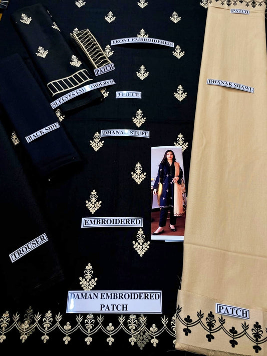 Embraided Dhanak 3 Piece Suit With Dhanak Shawl And Patches