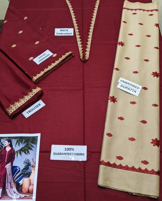 Dyed Dhanak 3 Piece Suit With Dhanak Embroidered Dupatta And Patch