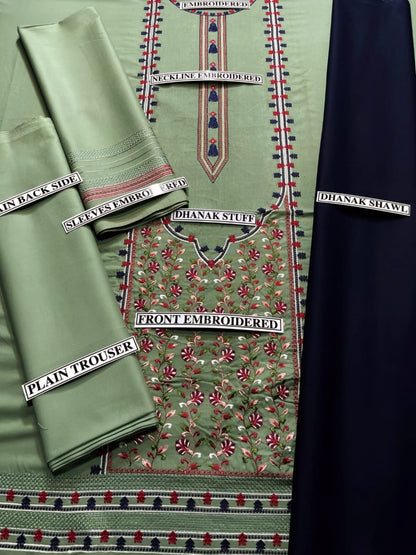 Embraided Dhanak 3 Piece Suit With Dhanak Shawl And Patches