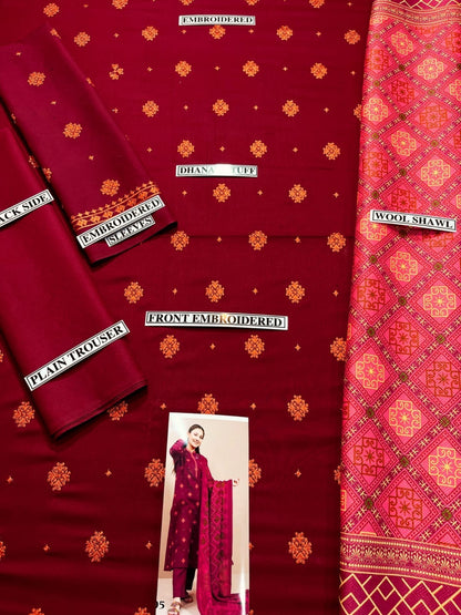 Embraided Dhanak 3 Piece Suit With Wool Shawl