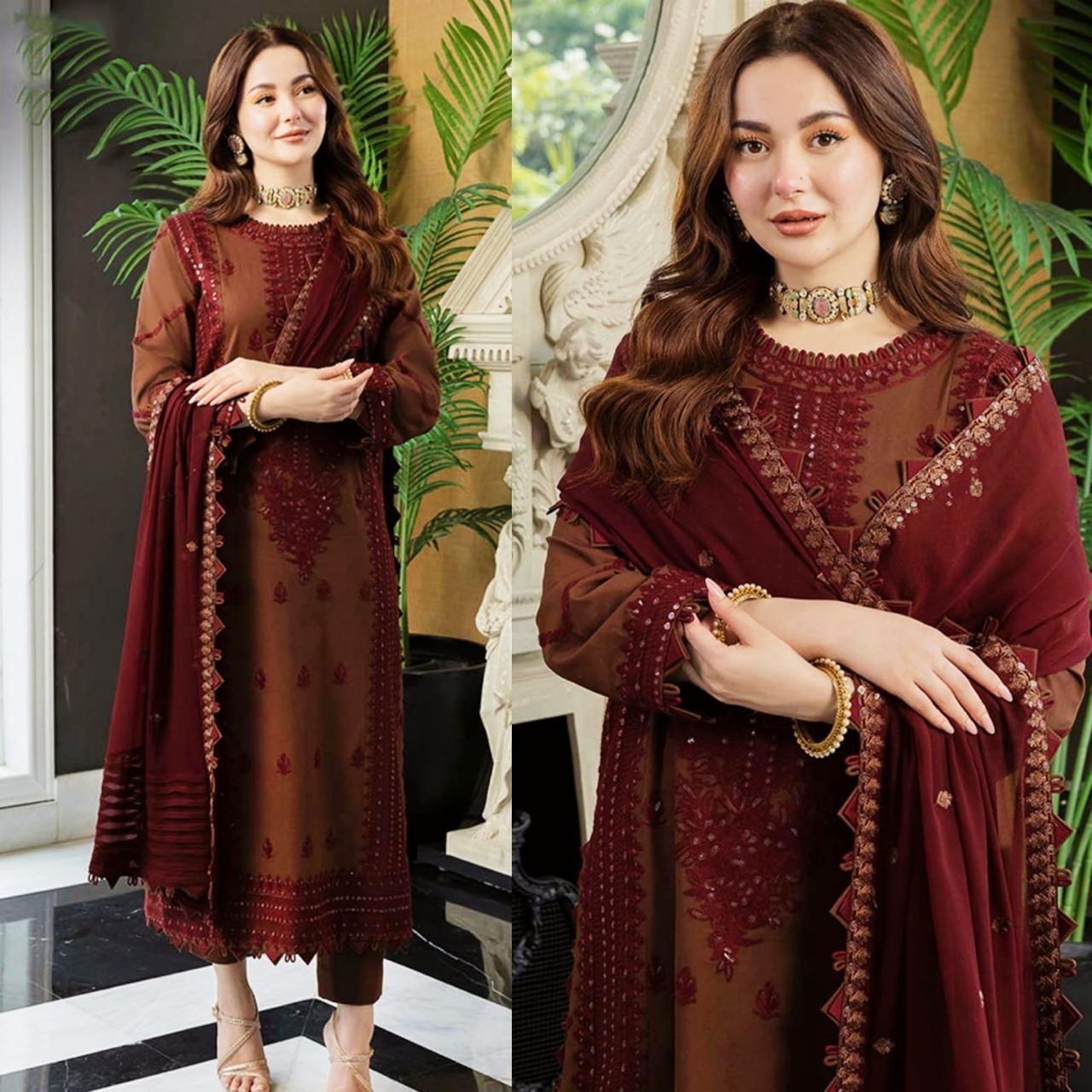 Embraided Dhanak 3 Piece Suit With Dhanak Shawl And Patches