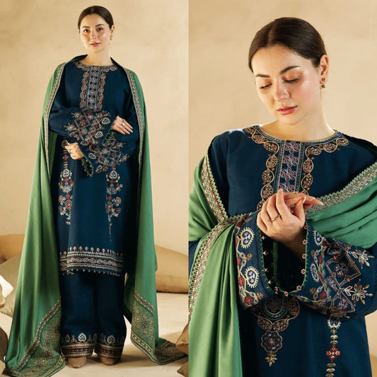 Embraided Dhanak 3 Piece Suit With Dhanak Shawl And Patches
