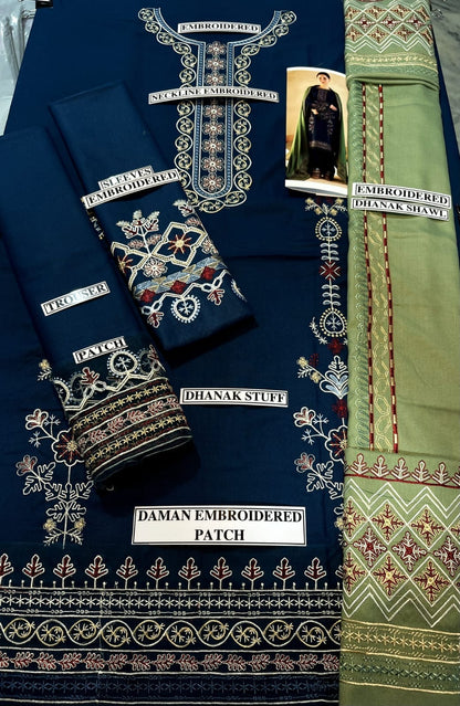 Embraided Dhanak 3 Piece Suit With Dhanak Shawl And Patches