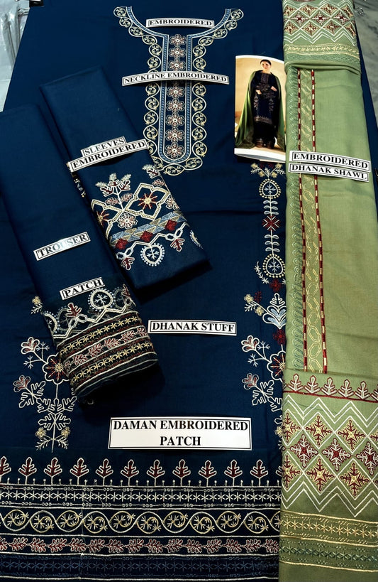 Embraided Dhanak 3 Piece Suit With Dhanak Shawl And Patches