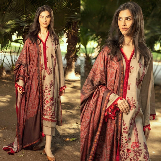 Embraided Dhanak 3 Piece Suit With Wool Shawl