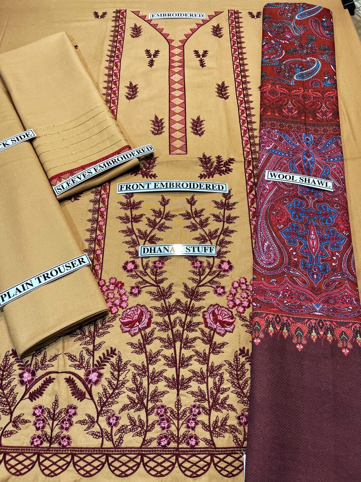 Embraided Dhanak 3 Piece Suit With Wool Shawl