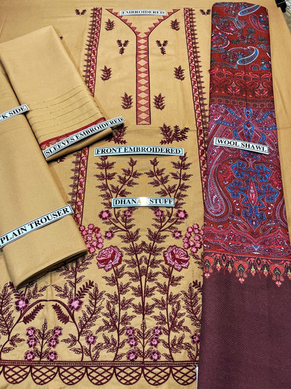 Embraided Dhanak 3 Piece Suit With Wool Shawl
